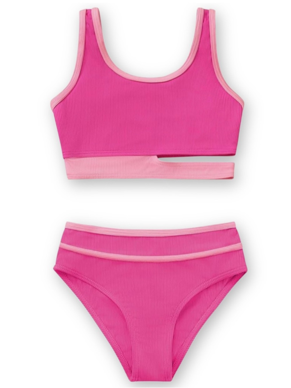 Sporty Girls Size 6/7 Two Tone Pink Ribbed Swimsuit Two Piece Bikini Set Lined